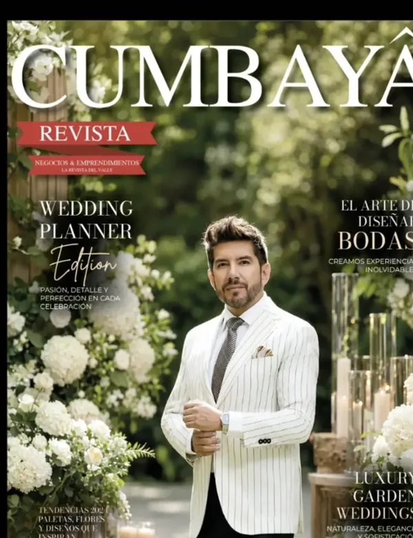 Santiago Zambrano en la portada de la edición Wedding Planner de Revista Cumbayá, agosto 2026